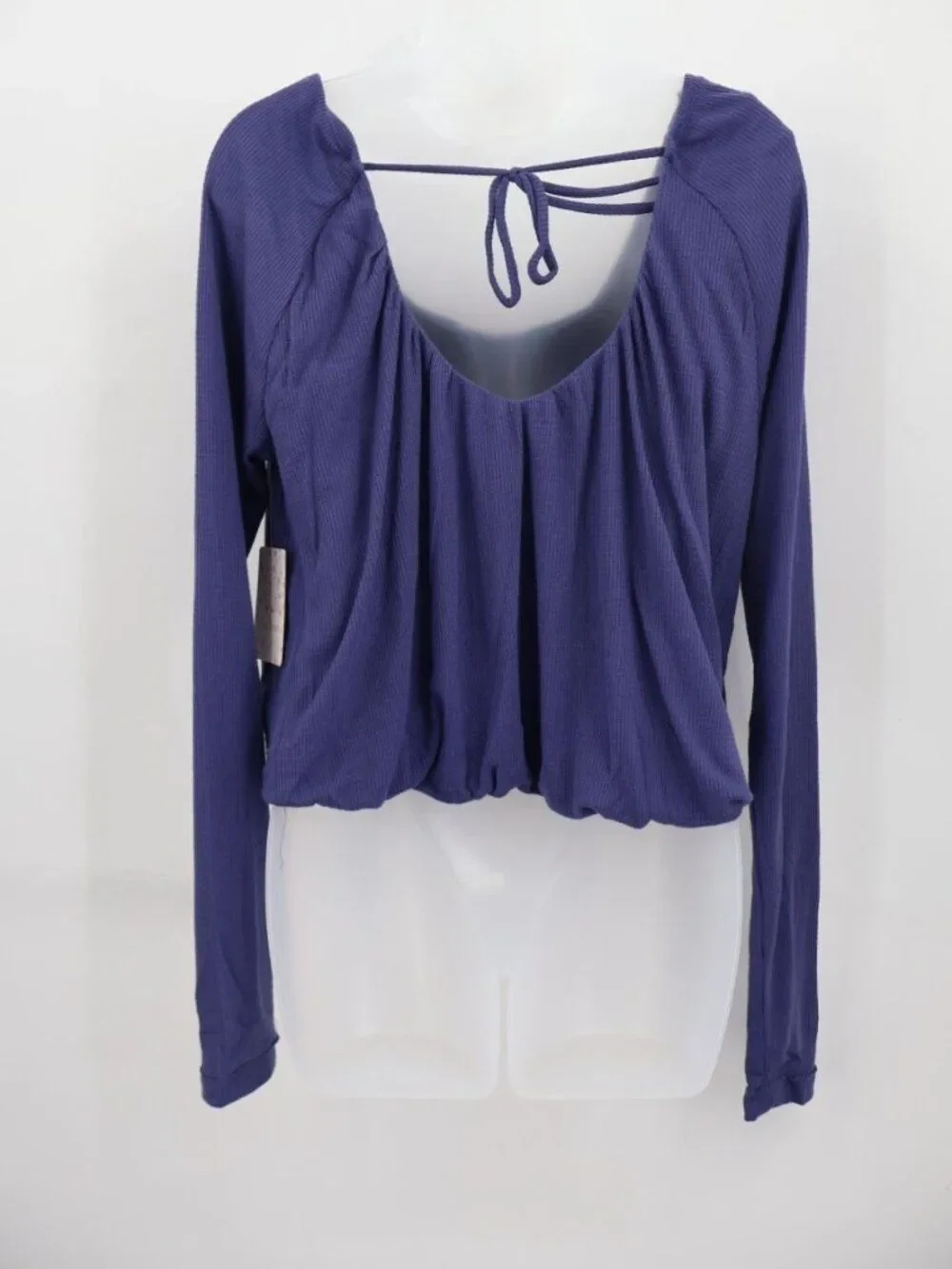 Free People Bondi M Thermal Waffle Knit Crop Top Long Sleeve Scoop Neck Blue NWT